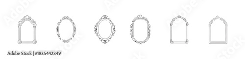Set of six black outline vintage ornate arches and oval frames mirror border design collection
