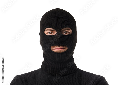 Fotografía Young man wearing balaclava on white background