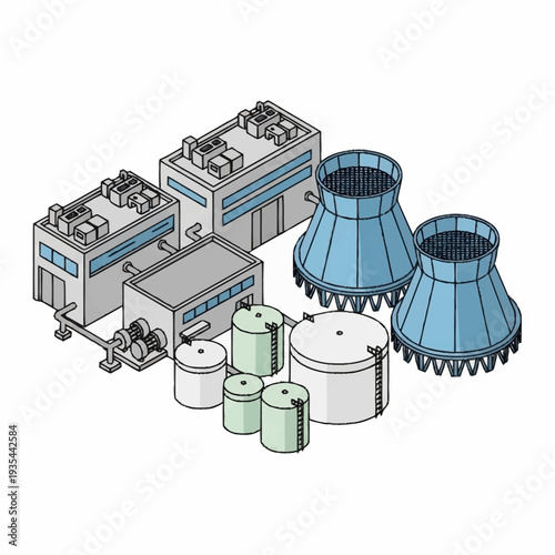 Industrial Cooling Towers and Equipment Illustration.