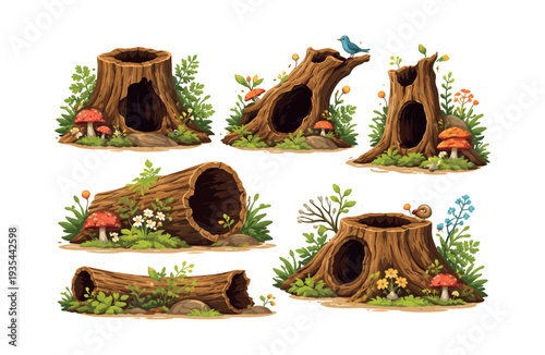 Collection of cartoon forest elements featuring hollow logs, tree stumps with holes, mushrooms, and small animals