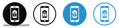 Smartphone with alert triangle and exclamation mark on battery. Vector icon set for battery malfunction, low power warning, or hardware error notification for mobile apps.