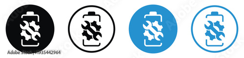 Battery maintenance and repair icon featuring a wrench and gear inside a battery symbol. Vector set in black and blue styles for technical support and mobile service applications.