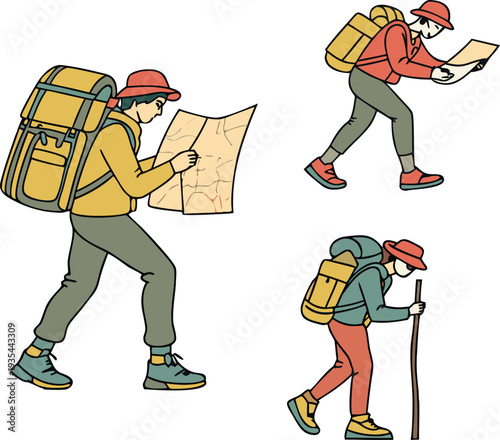 Vector illustration of hikers with backpacks walking and reading maps isolated on white background for outdoor adventure travel and hiking lifestyle design.