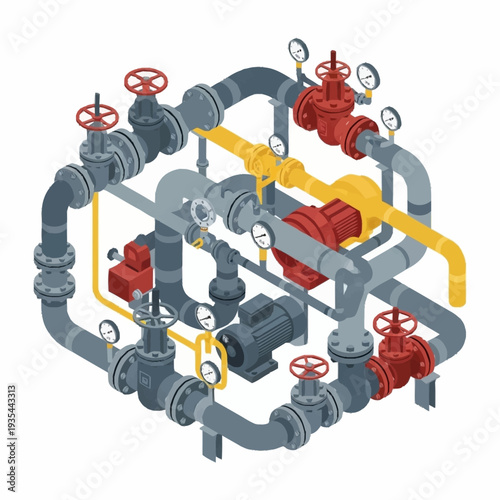 Industrial Piping System with Valves and Gauges.