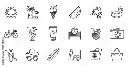 Set of summer vacation and travel line icons, beach holiday linear symbols including surfing, snorkeling, passport, sun, palm trees, and summer snacks isolated