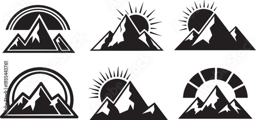 Mountain Landscape Icons with Sunrise and Sunset Silhouettes