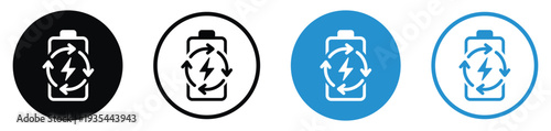 Eco-friendly battery icon featuring a lightning bolt and recycle arrows. Vector set representing renewable energy, rechargeable power, and sustainable battery disposal.