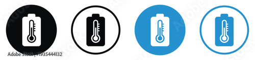 Battery symbol featuring a thermometer to indicate thermal monitoring. Vector icons for overheating alerts, temperature checks, and hardware health monitoring in mobile devices.