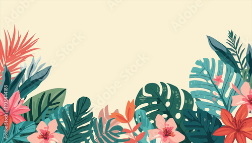 Vector template featuring a vibrant arrangement of tropical leaves and flowers in a modern floral illustration style, rendered in flat design