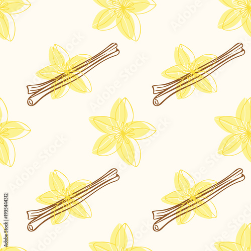 Pattern with Vanilla orchid flowers and aromatic spice sticks on light background