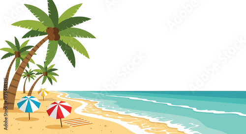 Vector tropical beach background with palm trees and umbrellas