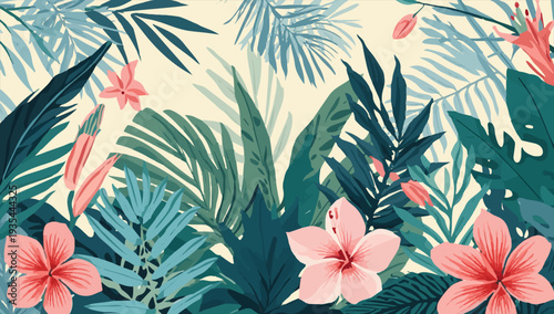 Vector template featuring a vibrant arrangement of tropical leaves and flowers in a modern floral illustration style, rendered in flat design