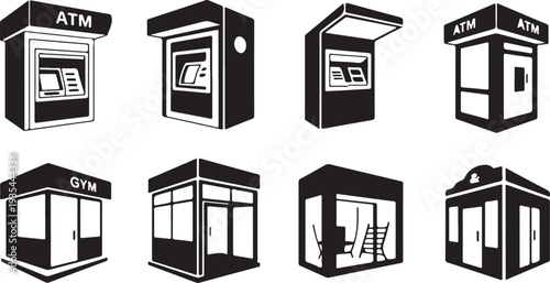 Collection of various outdoor kiosks and booths design icons isolated illustration