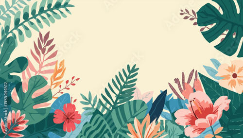 Vector template featuring a vibrant arrangement of tropical leaves and flowers in a modern floral illustration style, rendered in flat design