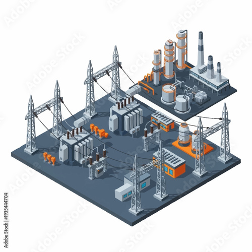 Isometric Industrial Factory Complex with Towers and Machinery.
