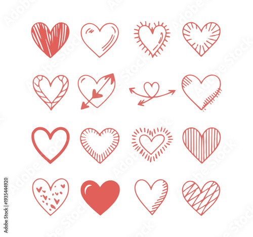 Red hand drawn hearts collection for valentines day decorations and romantic celebration icons set