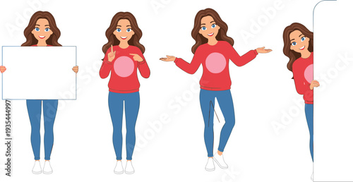 Cartoon woman character in casual outfit with expressive poses holding sign, pointing, presenting, and peeking, perfect for advertising illustration