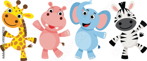 Cartoon giraffe hippopotamus elephant zebra standing together with cheerful expressions, cute animal characters illustration for children education and playful learning