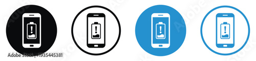Mobile screen showing low battery level with an exclamation mark. Vector icon set for critical power status, charging reminders, and energy depletion notifications on devices.