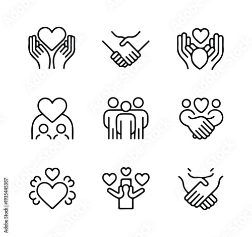 Simple line art icons of care, charity, and community showing hands, hearts, and people