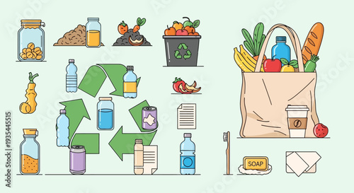 Illustration of sustainable living practices including recycling, composting, and reusable shopping bags filled with groceries.