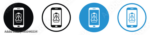 Smartphone with alert triangle and exclamation mark on battery. Vector icon set for battery malfunction, low power warning, or hardware error notification for mobile apps.
