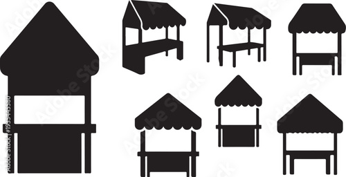 Black and white market stall icons on white background