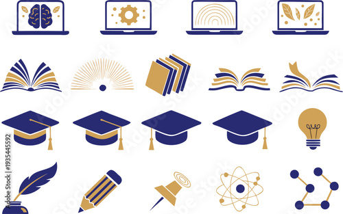 Illustrative icons representing education, knowledge, and academic achievements