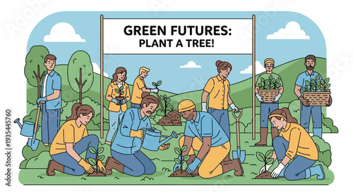 A diverse group of people actively planting trees in a lush green outdoor environment under a banner that reads "Green Futures: Plant a Tree!".