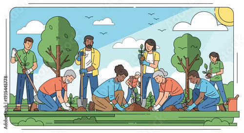 A diverse group of people of various ages and ethnicities are planting trees together in a park on a sunny day.