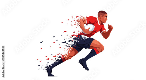 A determined rugby player sprints forward with intense focus, his bold red jersey and trailing form dissolving into a dynamic, shattering trail of geometric triangles to emphasize his explosive speed