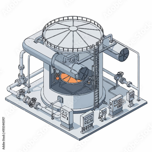 Industrial Furnace with Control Panel and Piping.