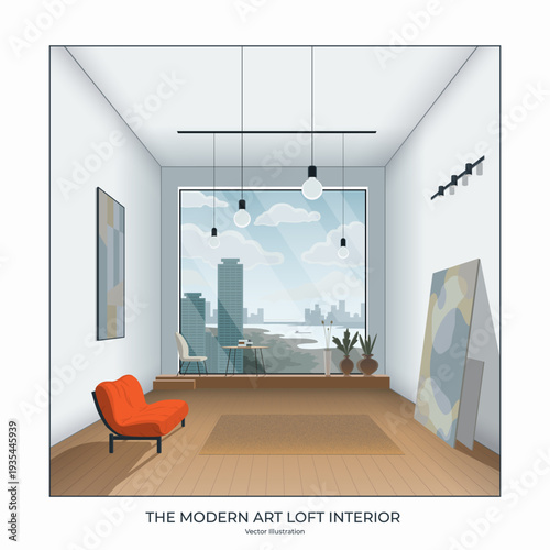 Modern art loft interior. Trendy, minimalist apartment with Scandinavian-style furniture, decor items, artworks. Contemporary studio with a huge window offering a panoramic view. Vector illustration.