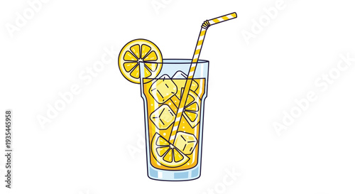 Vector illustration of a glass of lemonade with straw and slice