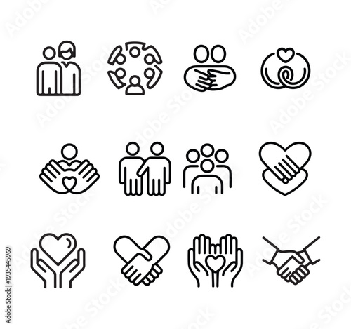 Collection of outline icons representing care, community, and charity with people and hands