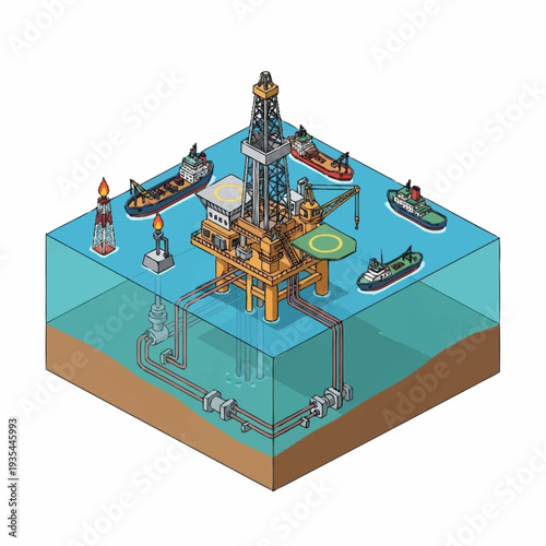 Isometric Oil Rig Platform with Boats.