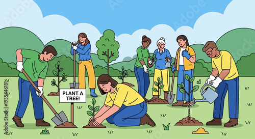 A diverse group of people actively planting trees in a park-like setting under a clear blue sky.