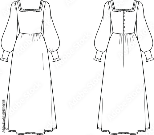 Technical fashion illustration of long‑sleeved full‑length dress featuring square neckline with trim, bishop sleeves with ruffled cuffs, fitted bodice, gathered skirt, and buttoned back detail