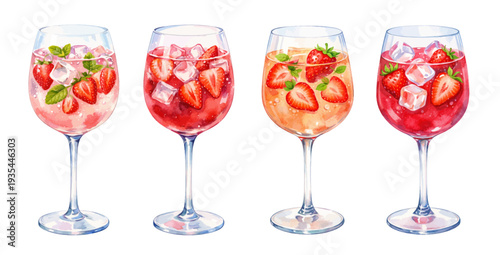 A charming watercolor collection of strawberry cocktails in glasses for summer party invitations and drink menu design.