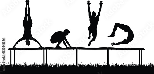 Black silhouette of active young men jumping and performing acrobatic flips on a trampoline in the grass for summer recreation and fitness concept vecto
