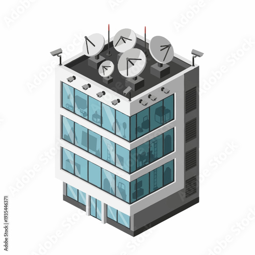 Office Building with Satellite Dishes on Roof.