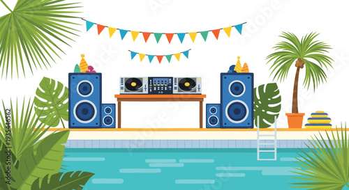 Vector illustration of a pool party scene with speakers and palm trees