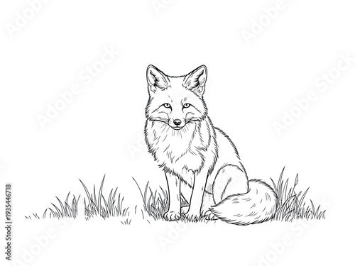 A sitting fox in a grassy field sketch