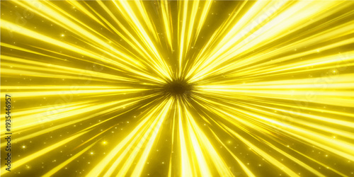 A vibrant gold starburst background features bright yellow sun rays and warm orange energy in a glowing vector illustration of a summer sunrise explosion