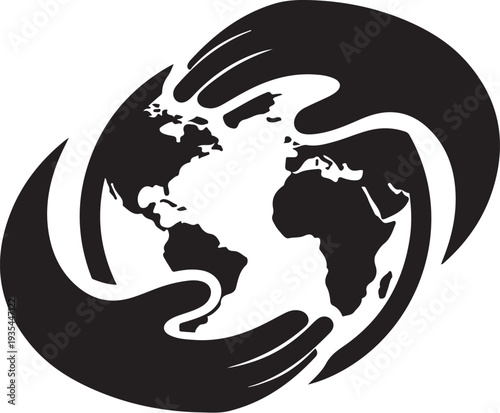 Earth Globe Surrounded by Protective Hands in Black and White