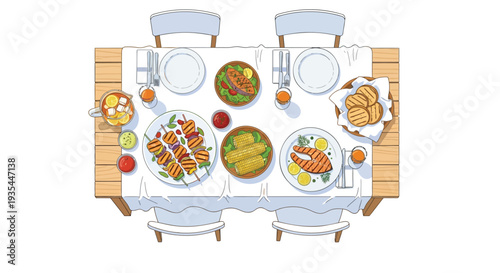 Vector illustration of a dinner table set with food from above