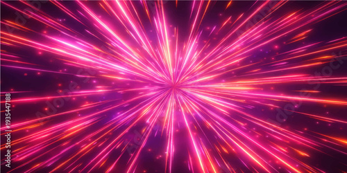 A colorful fireworks explosion with bright purple and blue energy rays creates a glowing fractal pattern of shiny stars and light flares against a black space wallpaper texture