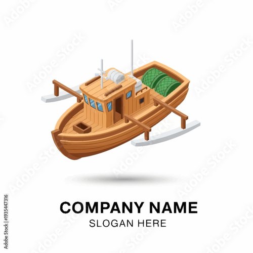Isometric Wooden Fishing Boat Illustration.