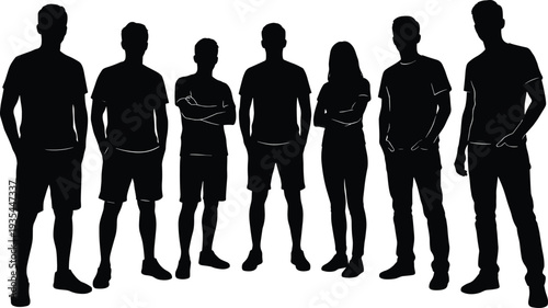 Group of young people silhouettes standing together, diverse men and woman casual pose vector illustration isolated on white background