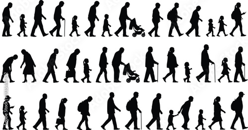 People walking silhouettes collection showing men women children and elderly daily life movement isolated on white background illustration